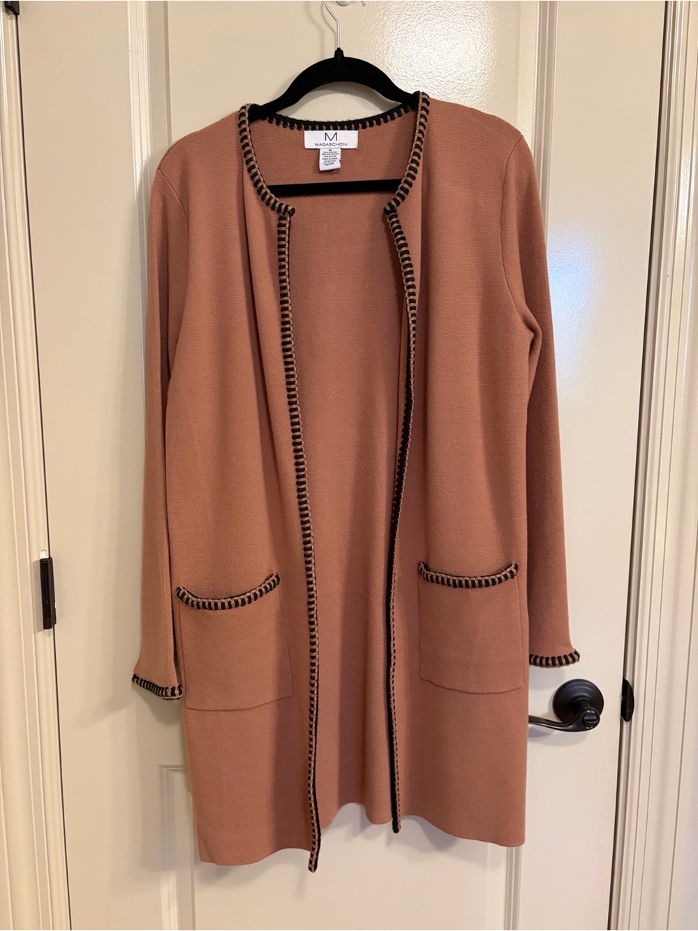 Magaschoni Open Front Longline Knit Cardigan Duster Sweater with Blanket Stitch